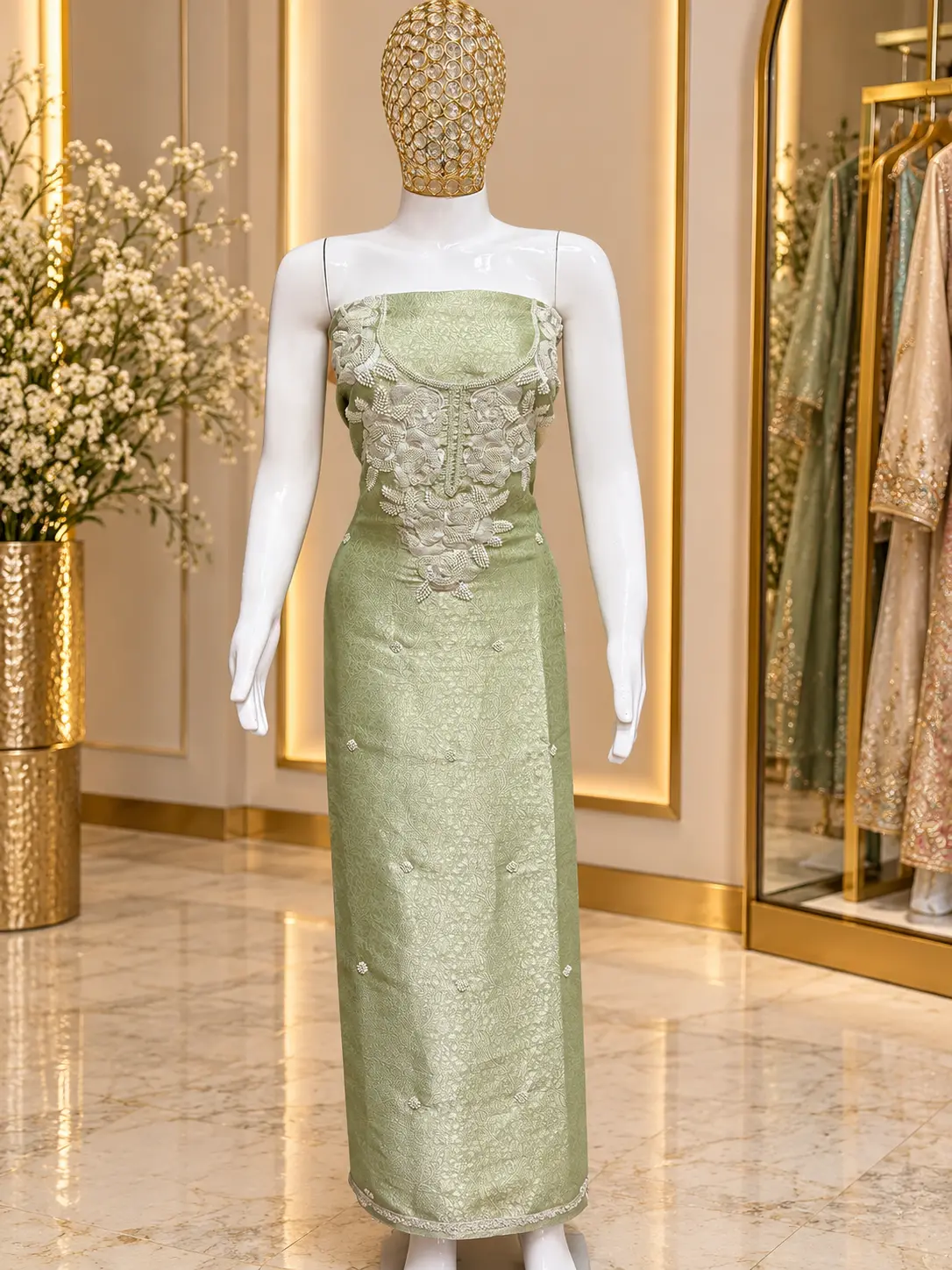 Pista Green Brocade Unstitched Suit