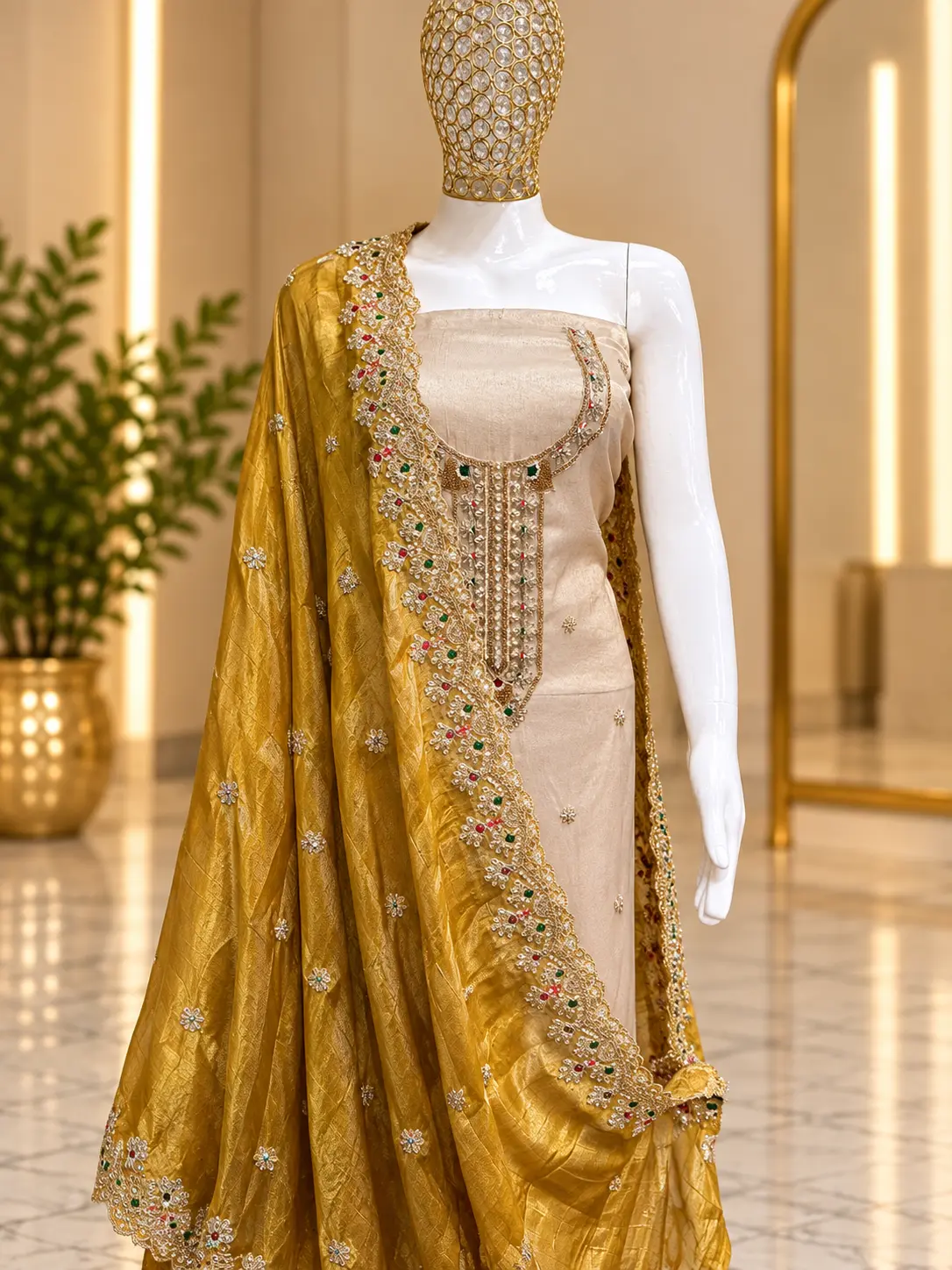 Ivory Hand Embroidered Tissue Shimmer Unstitched Suit