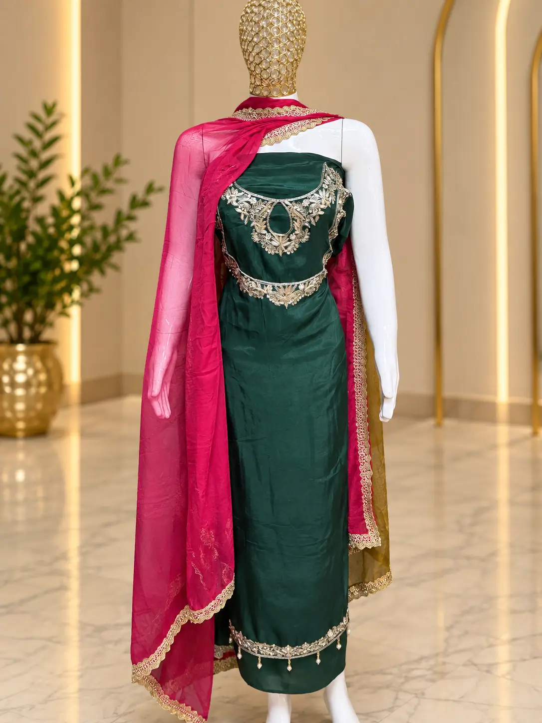 Emerald Green Handwork Suit with Pink Dupatta