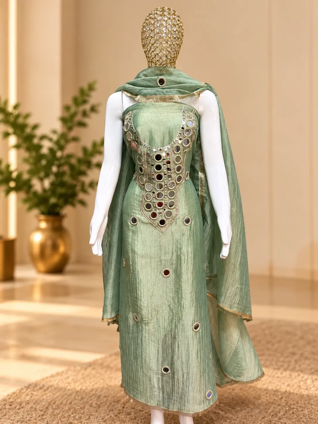Sage Green Mirrorwork Unstitched Suit