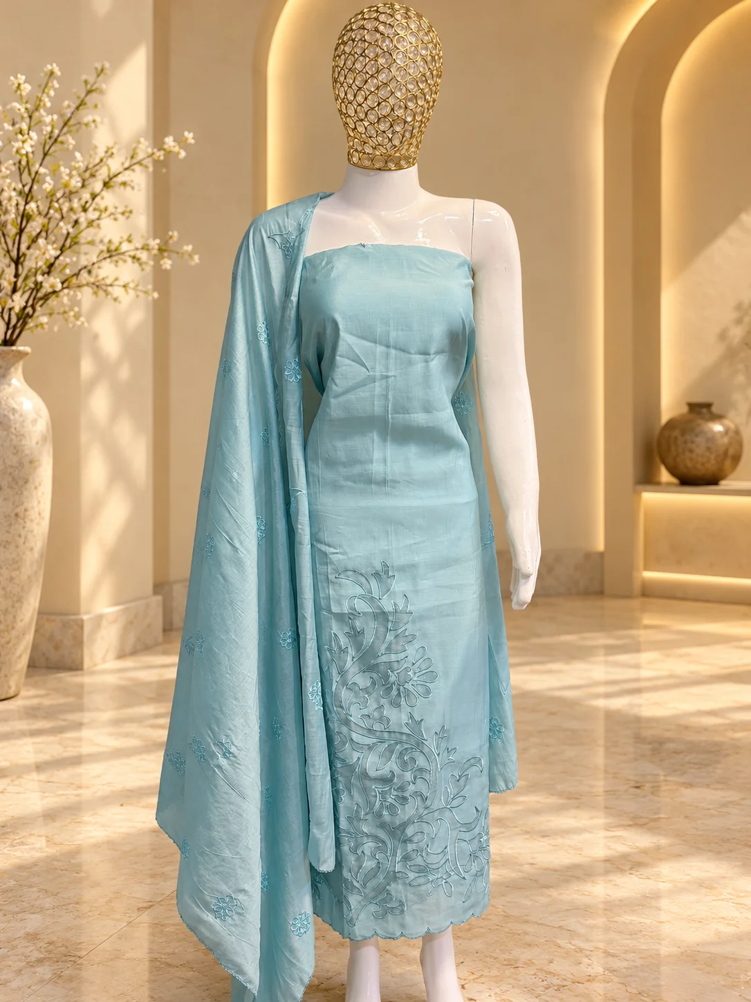 Sky Blue Cotton Unstitched Suit with Applique Work & Rayon Bottom