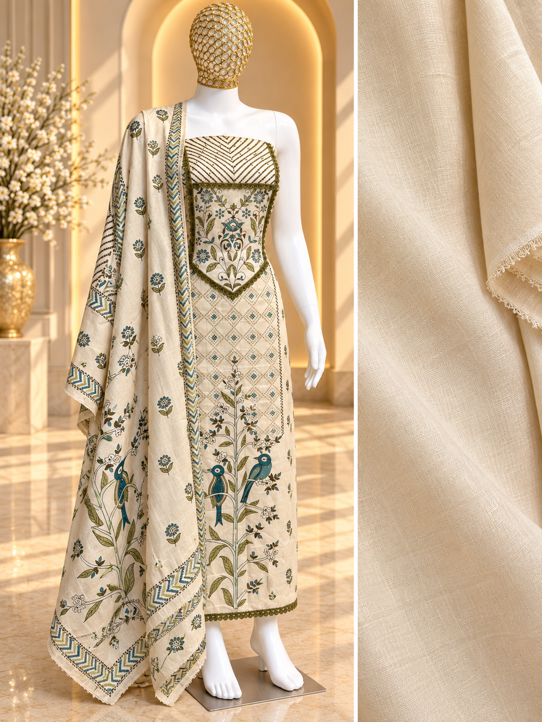 Cream Maslin Cotton Unstitched Suit with Teal Embroidery