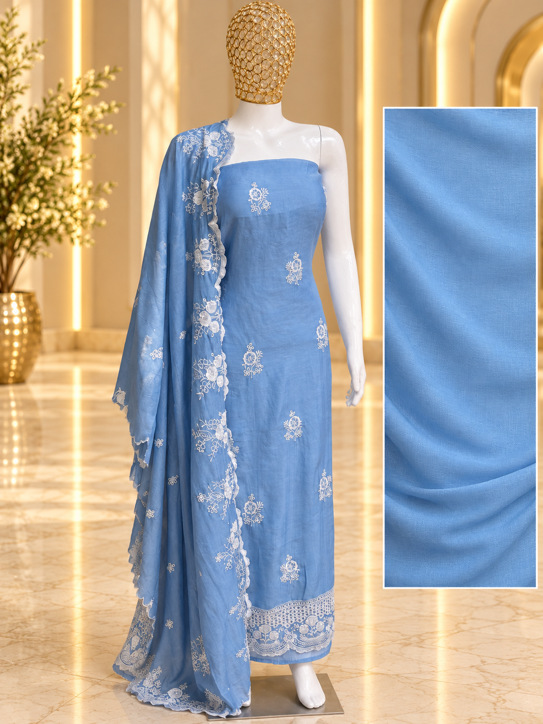 Sky Blue Mal Cotton Suit with Rayon Bottom