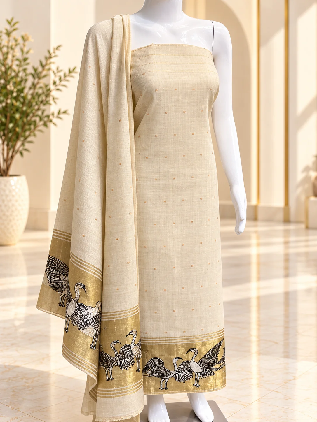 Jamdani Flamingo Printed Unstitched Suit with Matching Dupatta