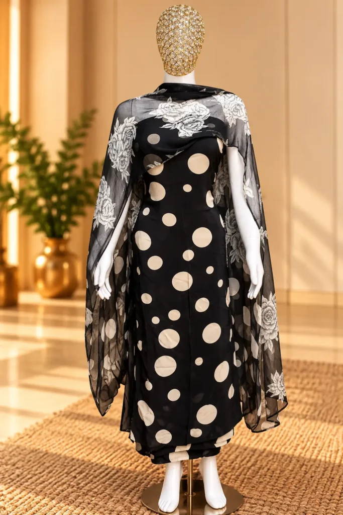 Black Polka Dot Floral Unstitched Suit