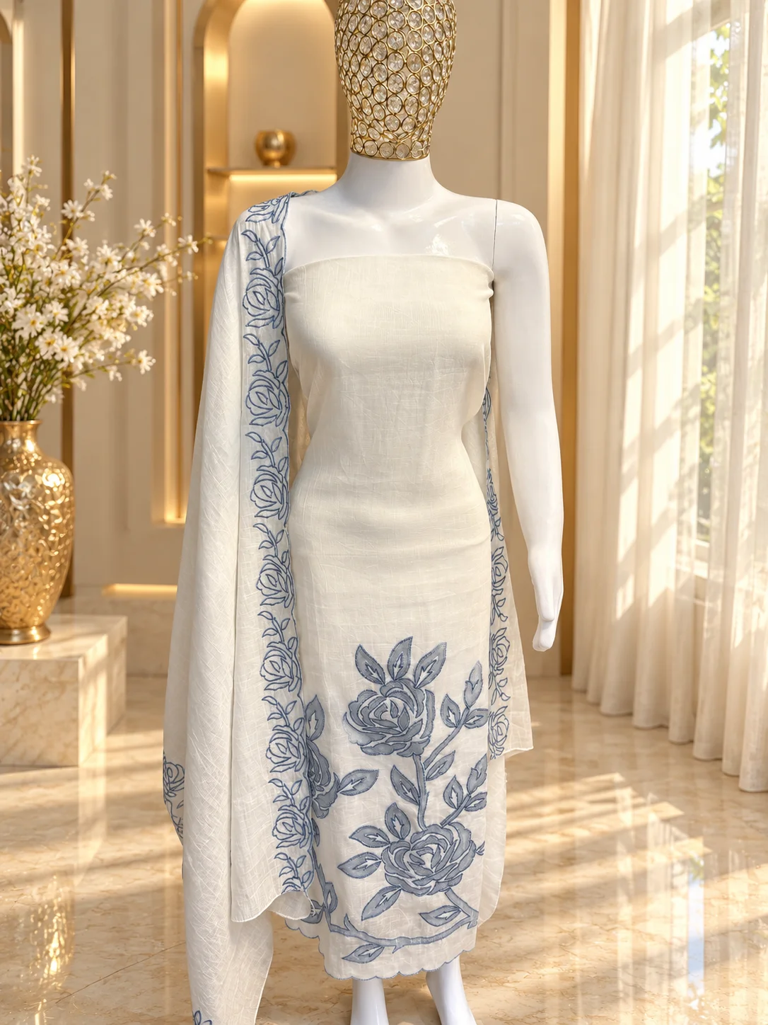 Mal Cotton Unstitched Suit with Blue Applique Work