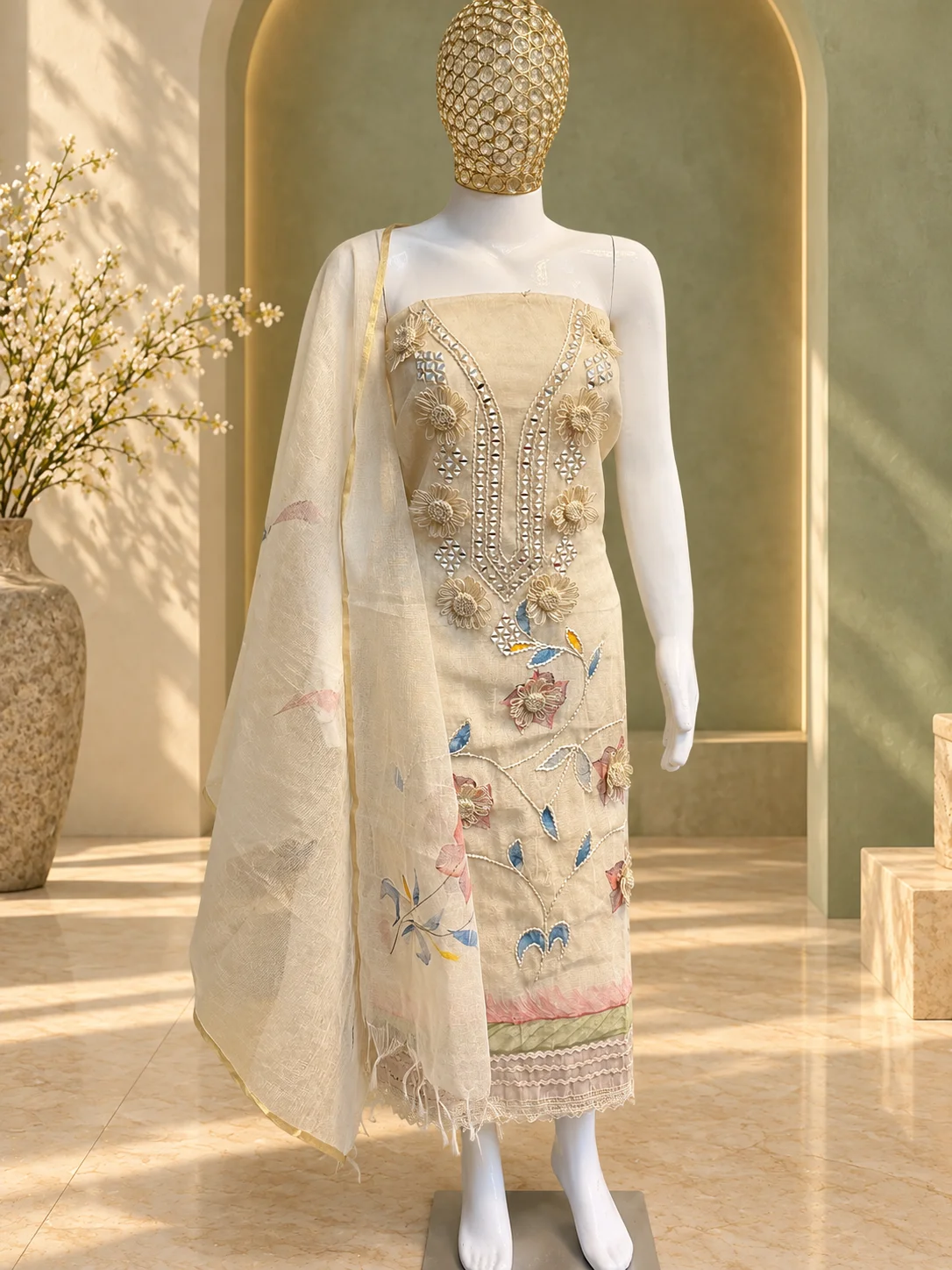 Cream Kota Doria Unstitched Suit with Floral Print