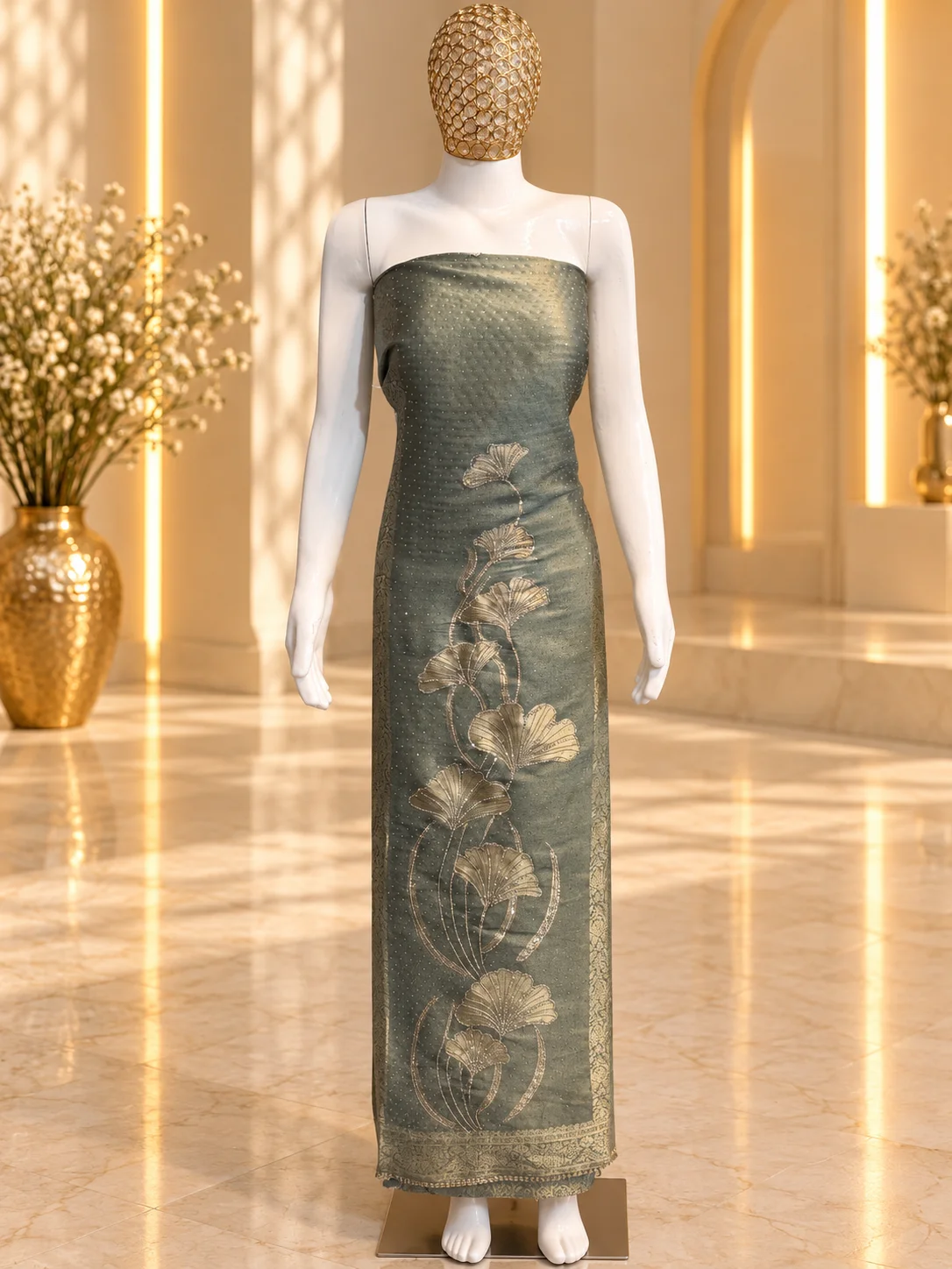 Olive Green Brocade Unstitched Suit with Gold Detailing
