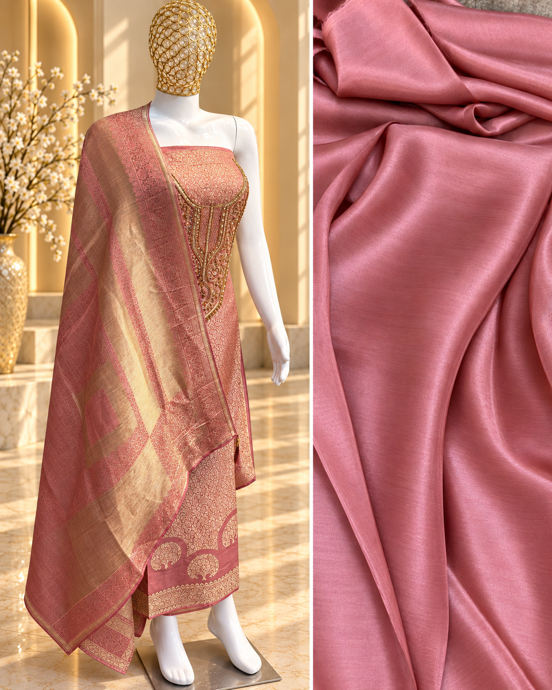 Rose Pink Brocade Unstitched Suit with Dupatta