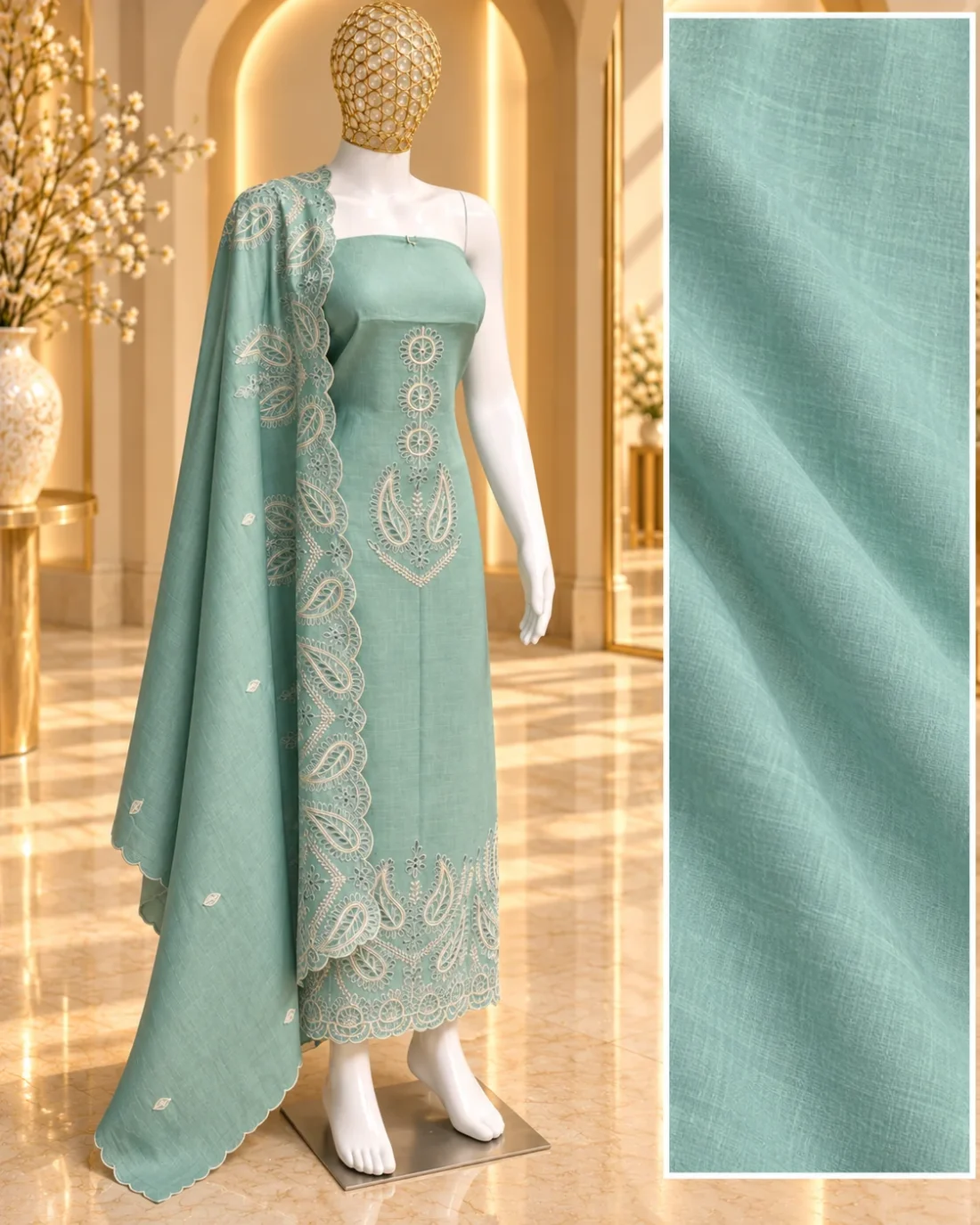 Sea Green Cotton Unstitched Suit with White Floral Detailing