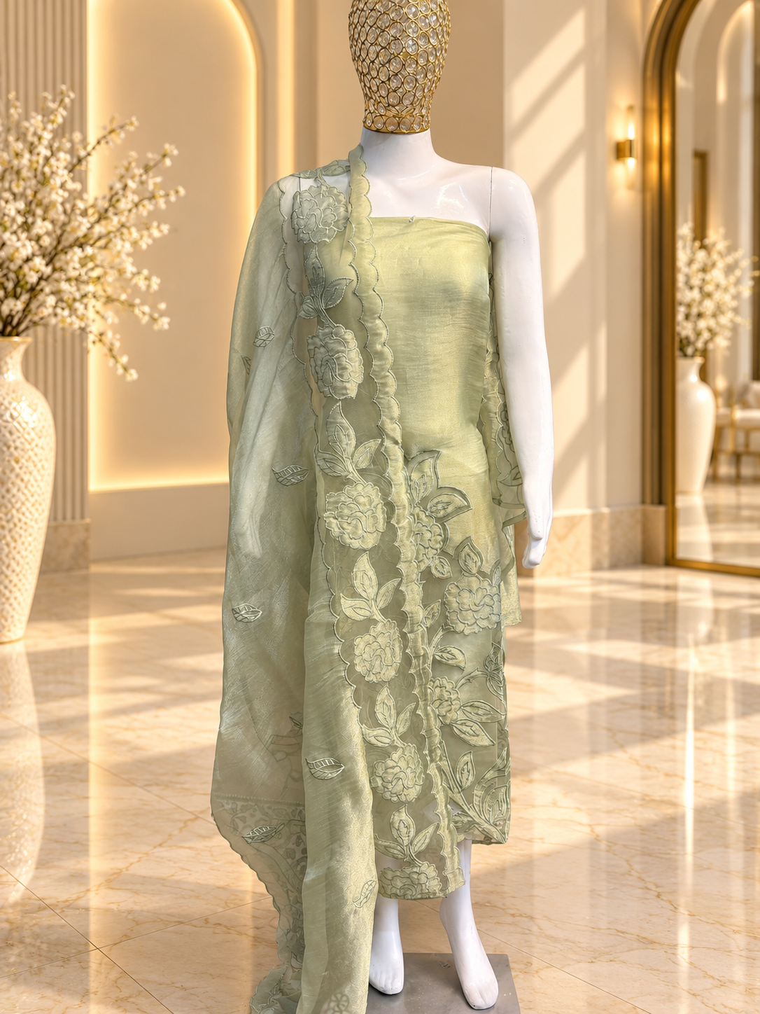 Olive Green Tissue Shimmer Unstitched Suit with Appliqué Work