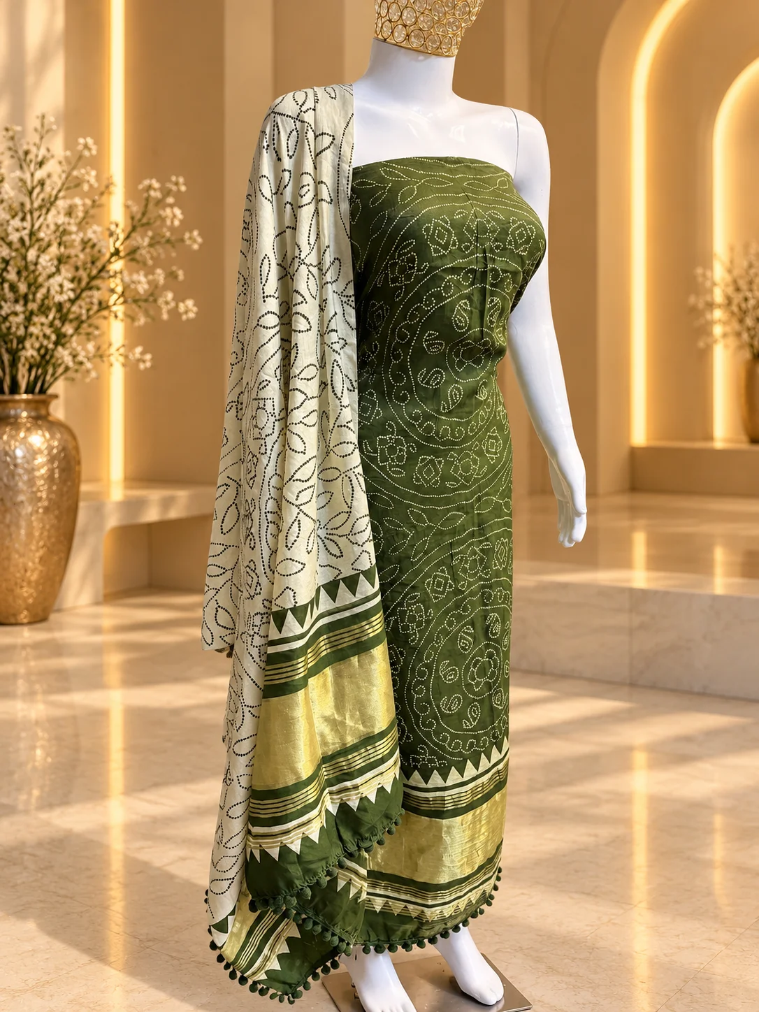 Olive Green Mal Cotton Unstitched Suit with Printed Dupatta