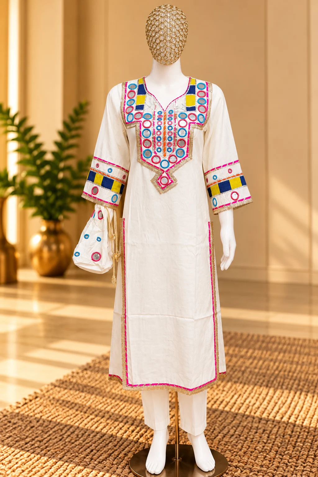 Mix Fabric Unstitched Suit – Multicolor Mirror Work
